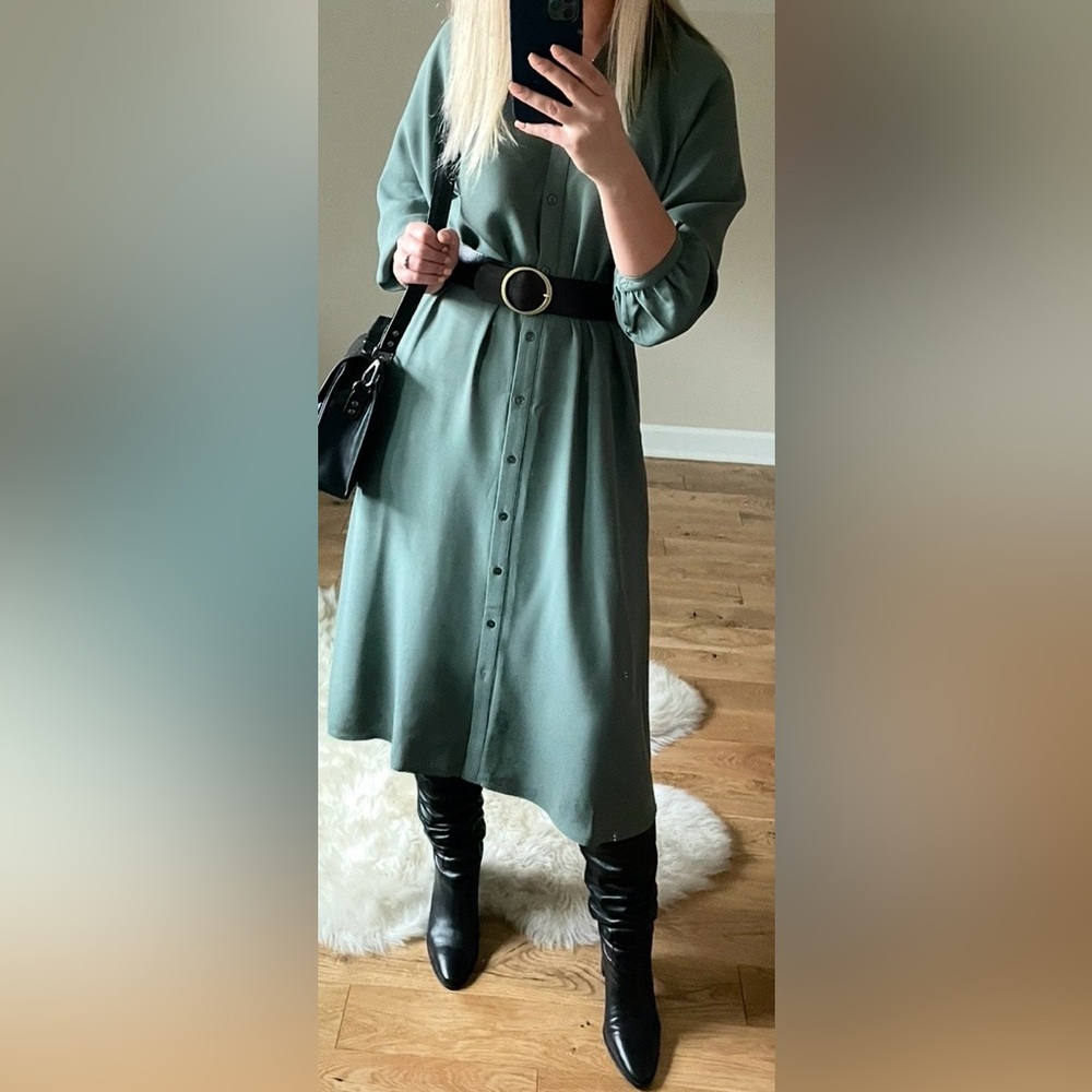 Massimo Dutti Sage Green Pleated Dress